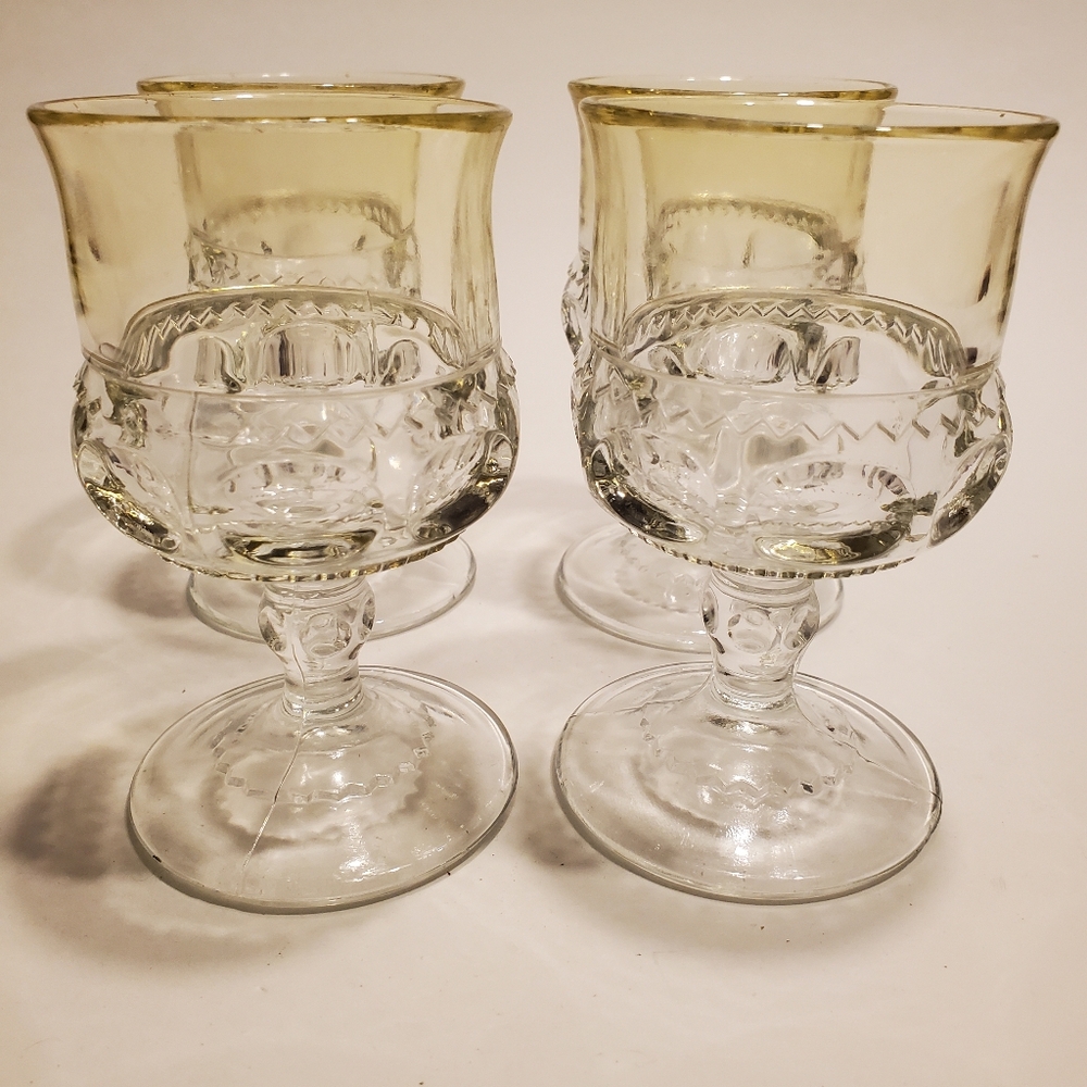 4 Tiffin Kings Crown Yellow And Clear Vintage Drinking Goblets Thumb Print Patte
